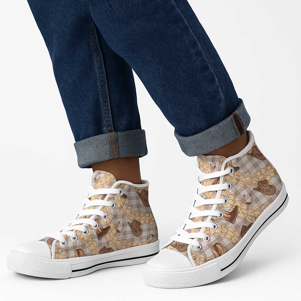 Khaki Palaka Hawaii Cowboy High Top Shoes Puakenikeni Lei Paniolo Papale Seamless Vibes - Polynesian Pride