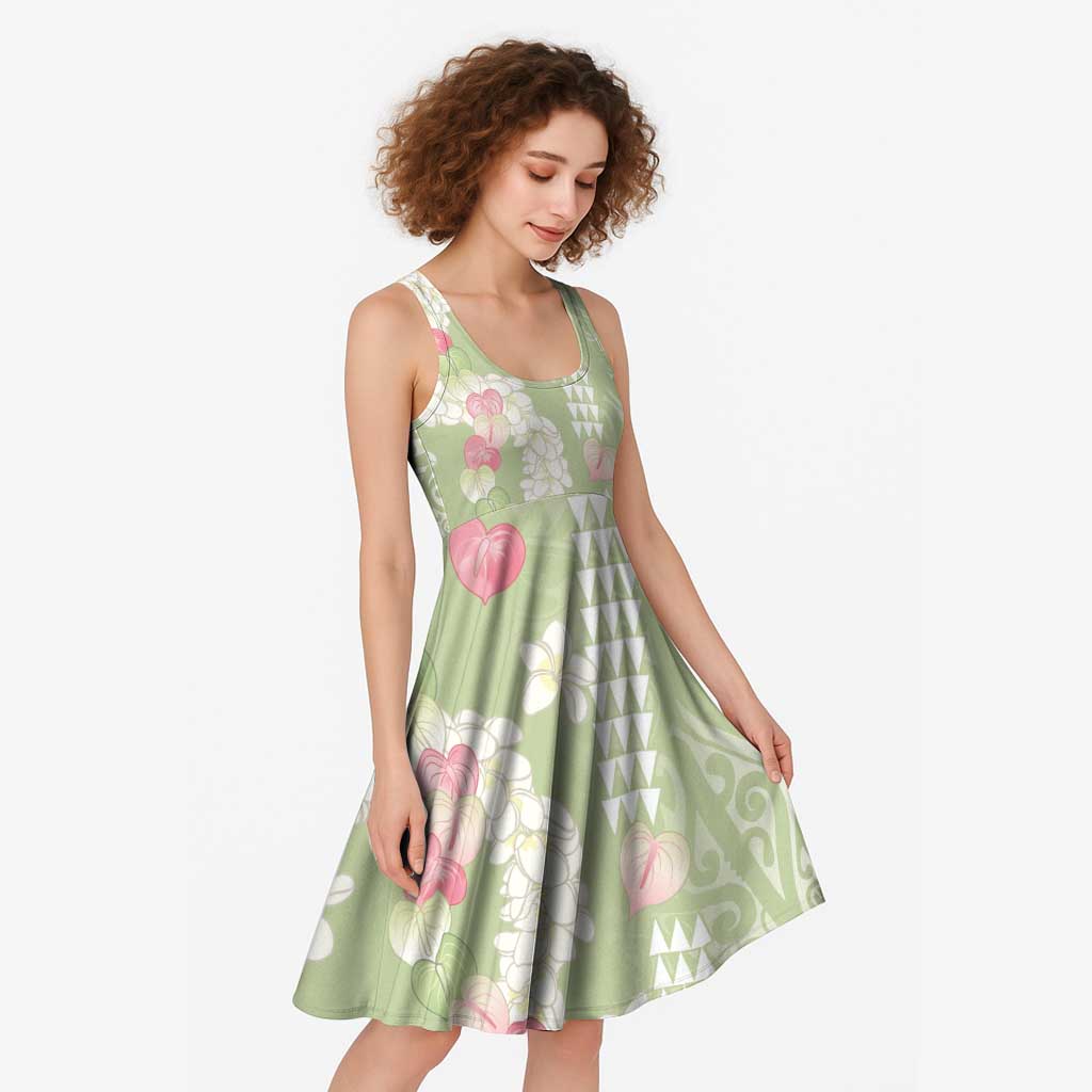 Leaf Green Hawaii Anthurium Plumeria Lei Midi Dress LT9 - Polynesian Pride
