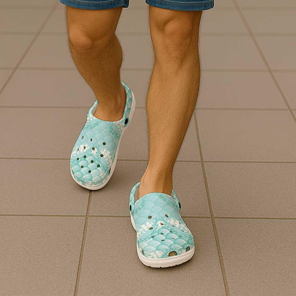 Light Turquoise Mermaid Puakenikeni Maile Lei Clogs Shoes LT01 - Polynesian Pride