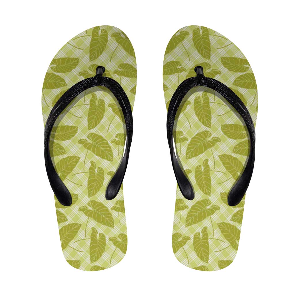 Lime Green Hawaii Kalo Palaka Motifs Flip Flops Hawaiian Taro Leaves Elegant Vibes