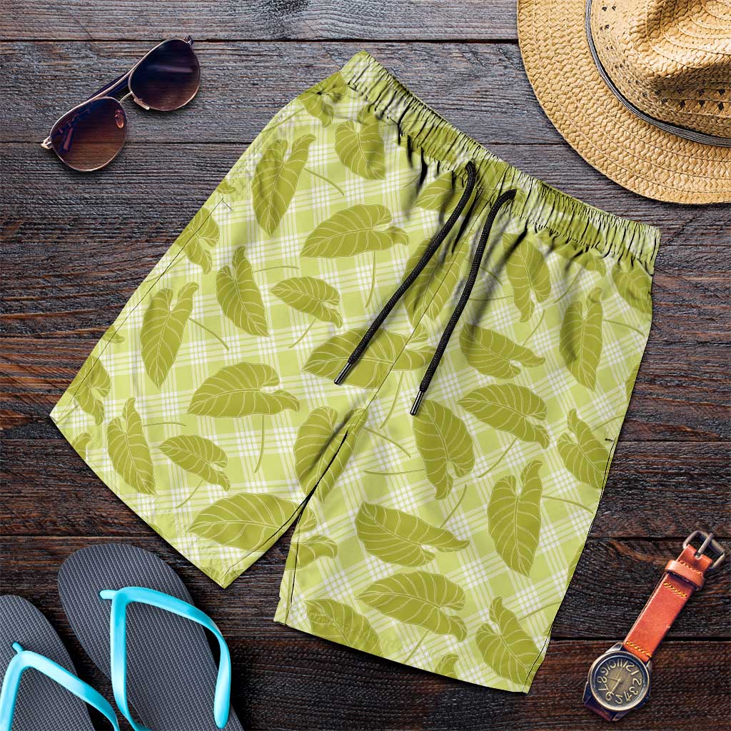 Lime Green Hawaii Kalo Palaka Motifs Shorts for Men Hawaiian Taro Leaves Elegant Vibes
