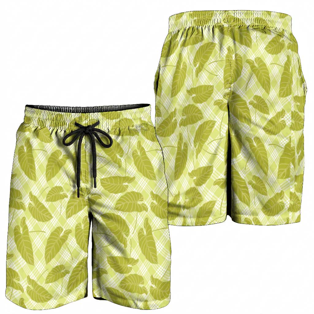 Lime Green Hawaii Kalo Palaka Motifs Shorts for Men Hawaiian Taro Leaves Elegant Vibes
