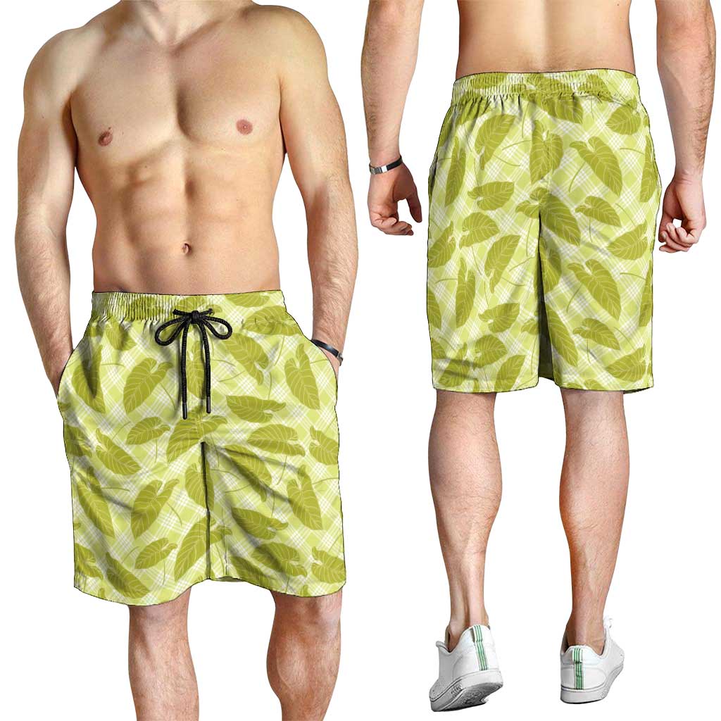 Lime Green Hawaii Kalo Palaka Motifs Shorts for Men Hawaiian Taro Leaves Elegant Vibes