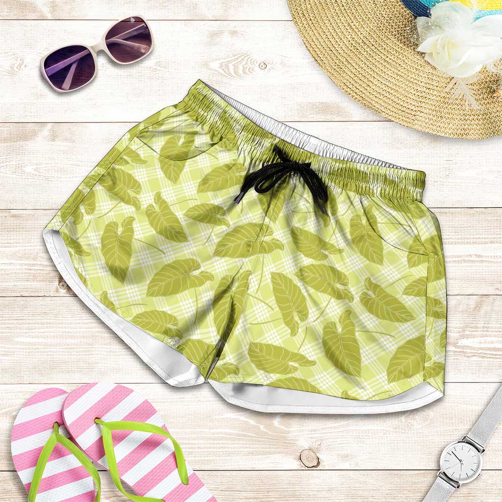 Lime Green Hawaii Kalo Palaka Motifs Shorts for Women Hawaiian Taro Leaves Elegant Vibes