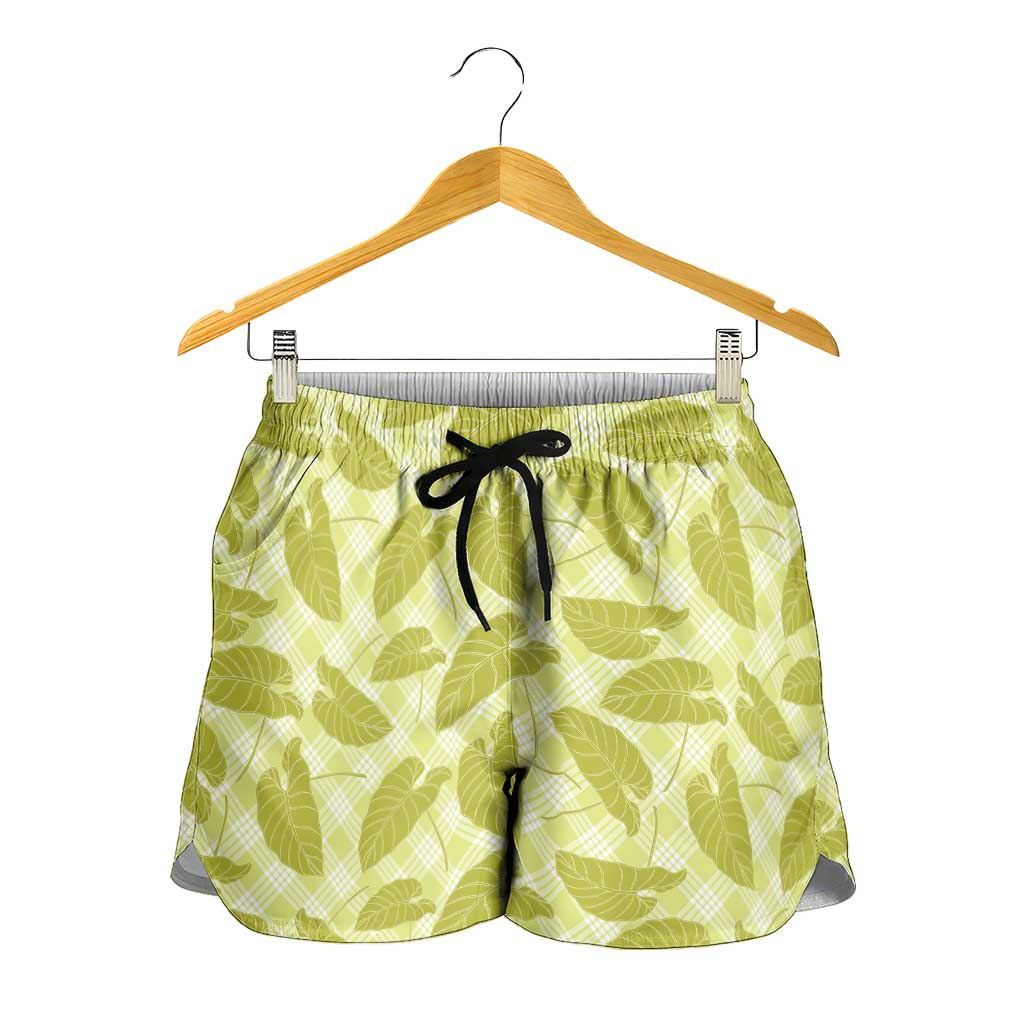 Lime Green Hawaii Kalo Palaka Motifs Shorts for Women Hawaiian Taro Leaves Elegant Vibes