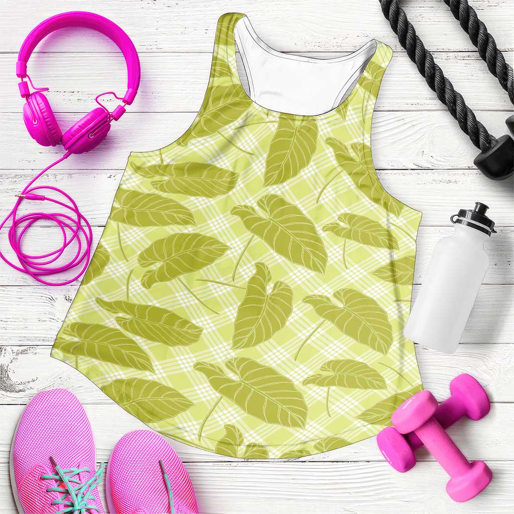 Lime Green Hawaii Kalo Palaka Motifs Women Racerback Tank Hawaiian Taro Leaves Elegant Vibes
