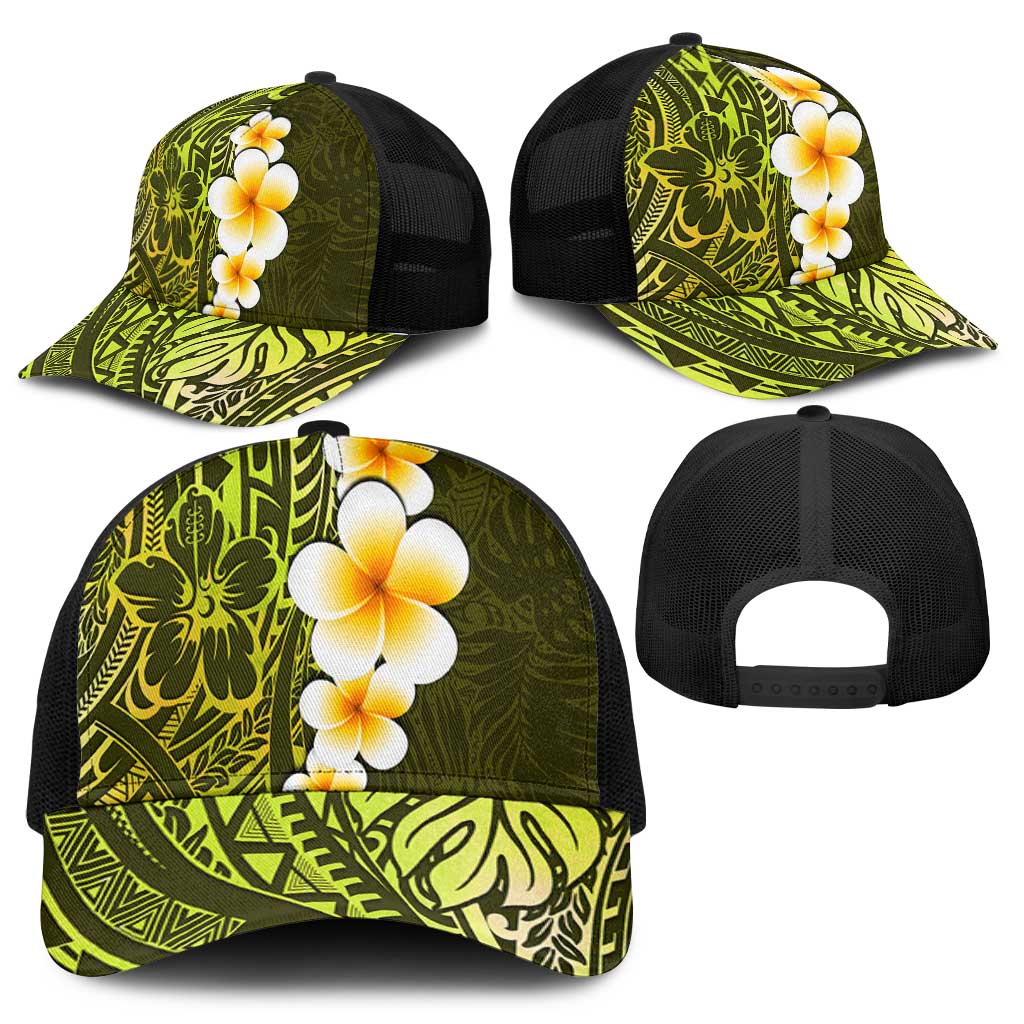 Lime Green Polynesia Baseball Net Cap Plumeria Tropical Leaves With Galaxy Polynesian Art - Polynesian Pride