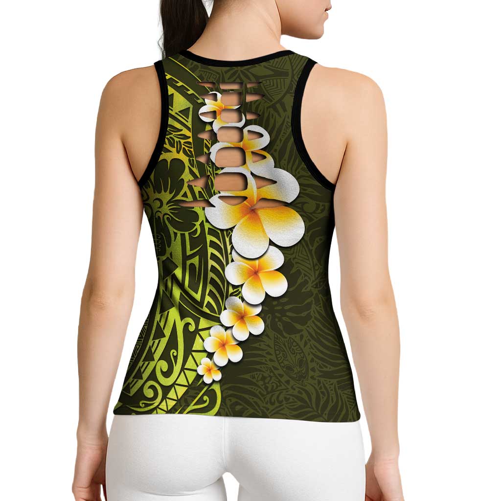 Lime Green Polynesia Hollow Tank Top Plumeria Tropical Leaves Galaxy Polynesian Art - Polynesian Pride