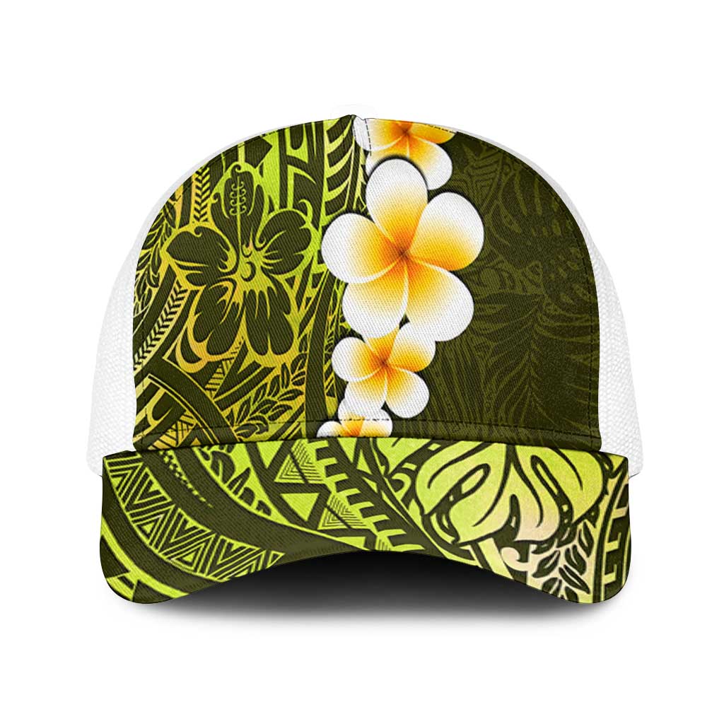 Lime Green Polynesia Mesh Trucker Cap Plumeria Tropical Leaves With Galaxy Polynesian Art - Polynesian Pride