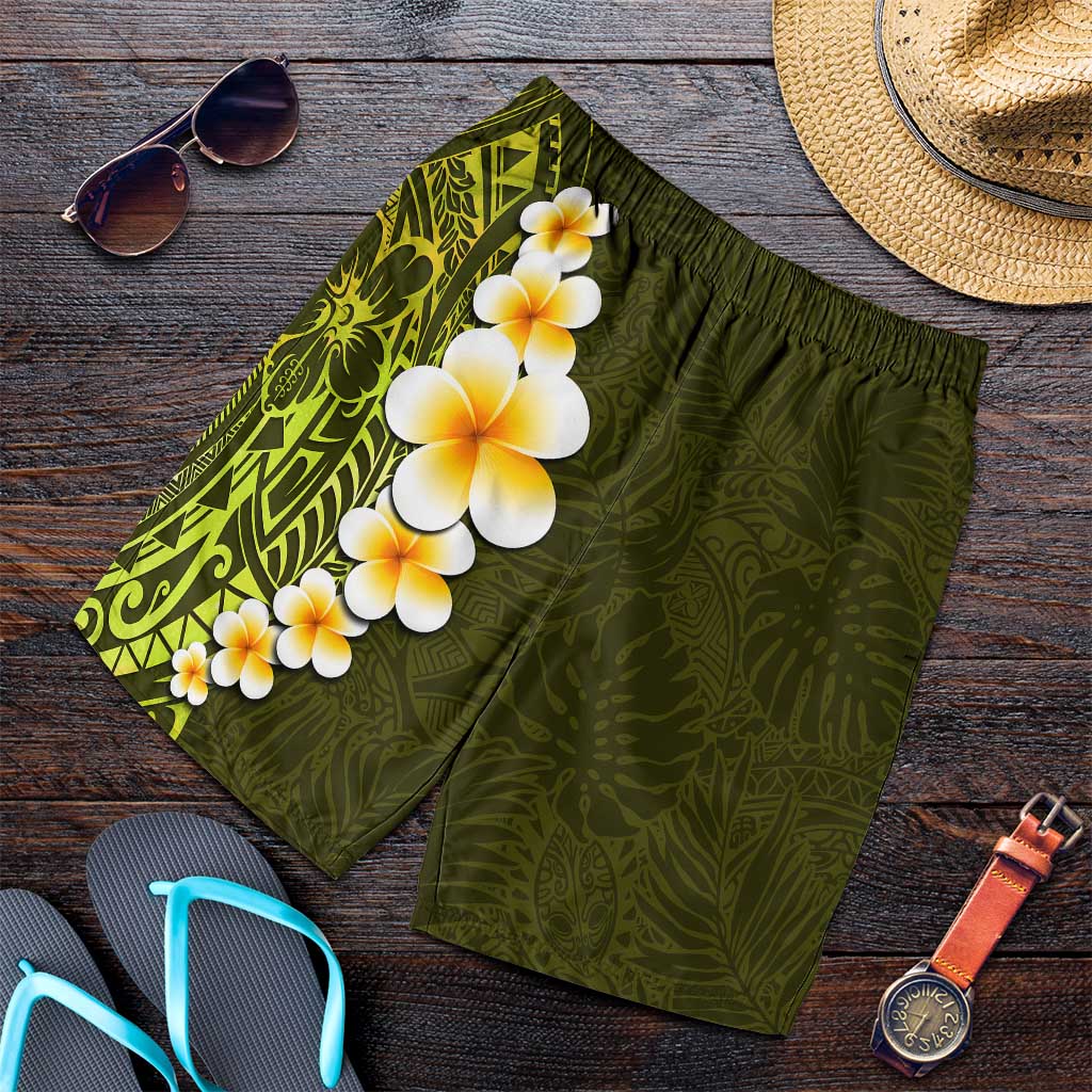 Lime Green Polynesia Shorts for Men Plumeria Tropical Leaves With Galaxy Polynesian Art - Polynesian Pride