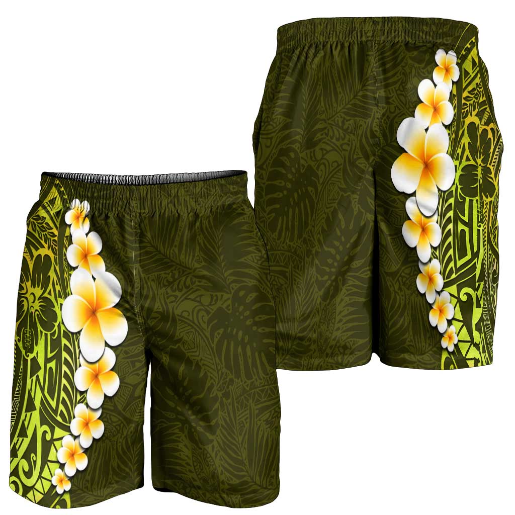 Lime Green Polynesia Shorts for Men Plumeria Tropical Leaves With Galaxy Polynesian Art - Polynesian Pride