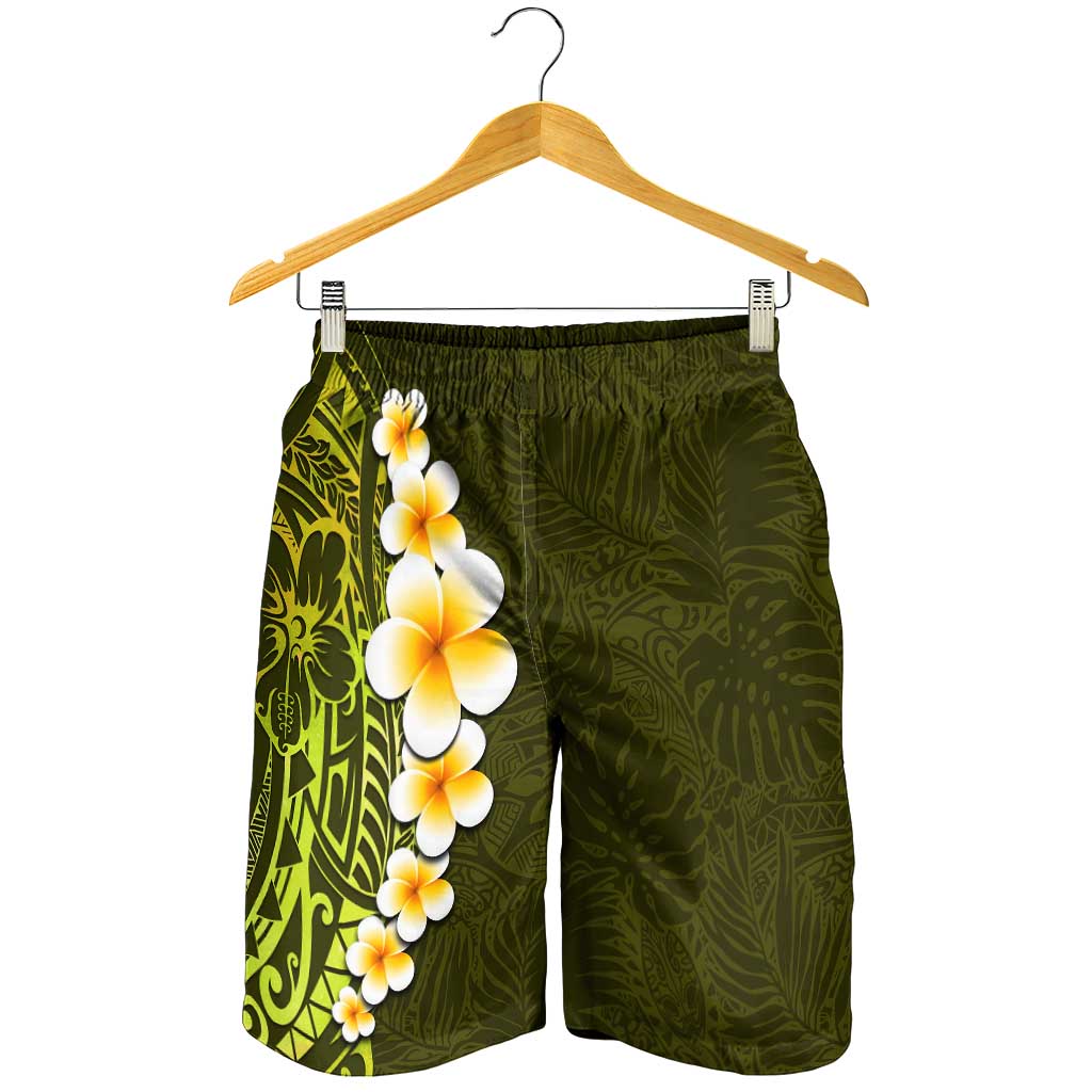 Lime Green Polynesia Shorts for Men Plumeria Tropical Leaves With Galaxy Polynesian Art - Polynesian Pride