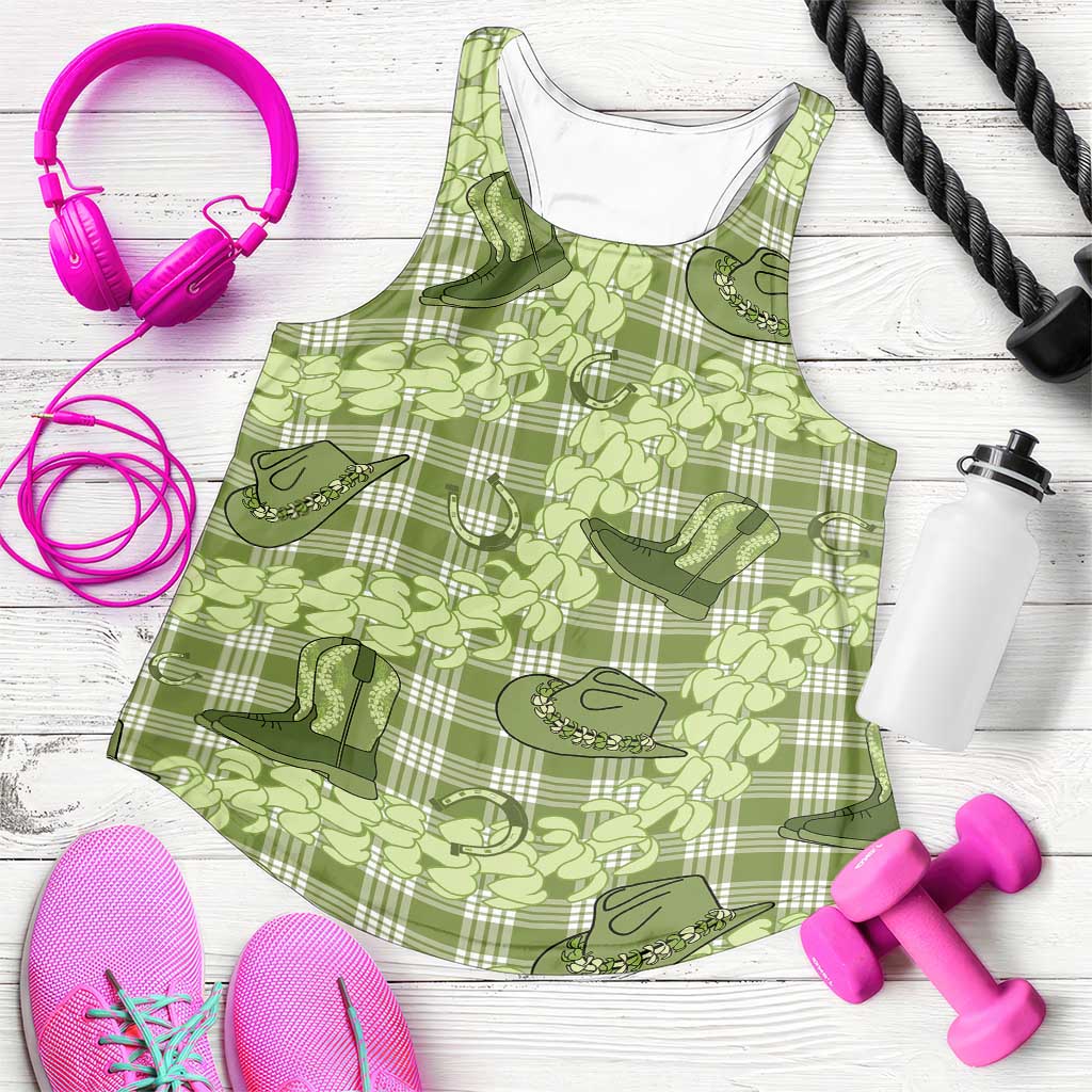 Lime Palaka Hawaii Cowboy Women Racerback Tank Puakenikeni Lei Paniolo Papale Seamless Vibes - Polynesian Pride