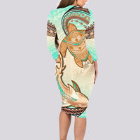 Hawaii Long Sleeve Bodycon Dress Polynesian Shark and Sea Turtle Dreamy Turquoise Artsy LT14 - Polynesian Pride