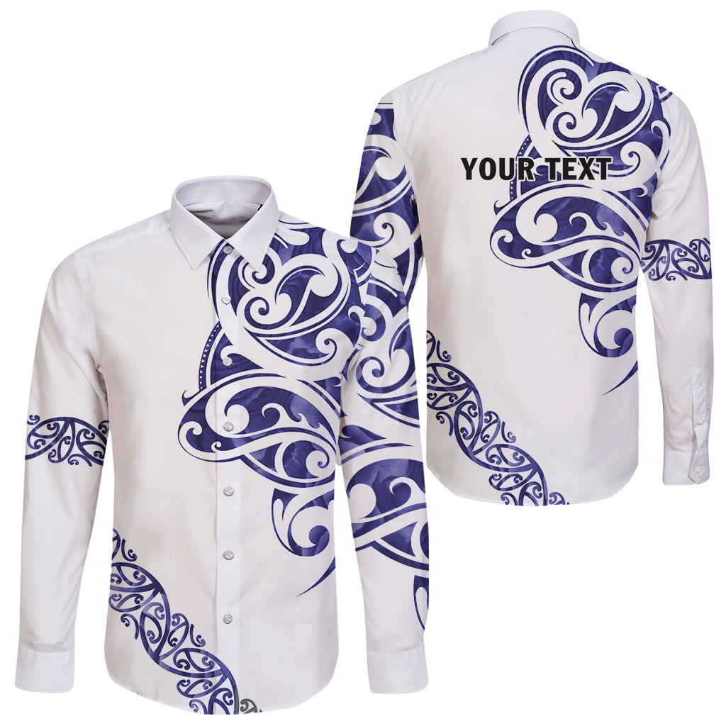 All White Maori Tribal Tattoo Personalised Long Sleeve Button Shirt Dark Blue Polynesian Style LT9