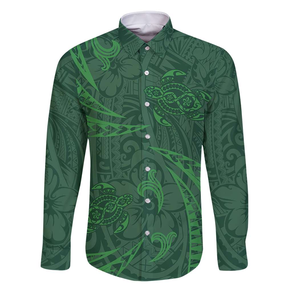 Polynesian Tribal Green Family Matching Off Shoulder Maxi Dress and Hawaiian Shirt Turtle Tattoo LT05