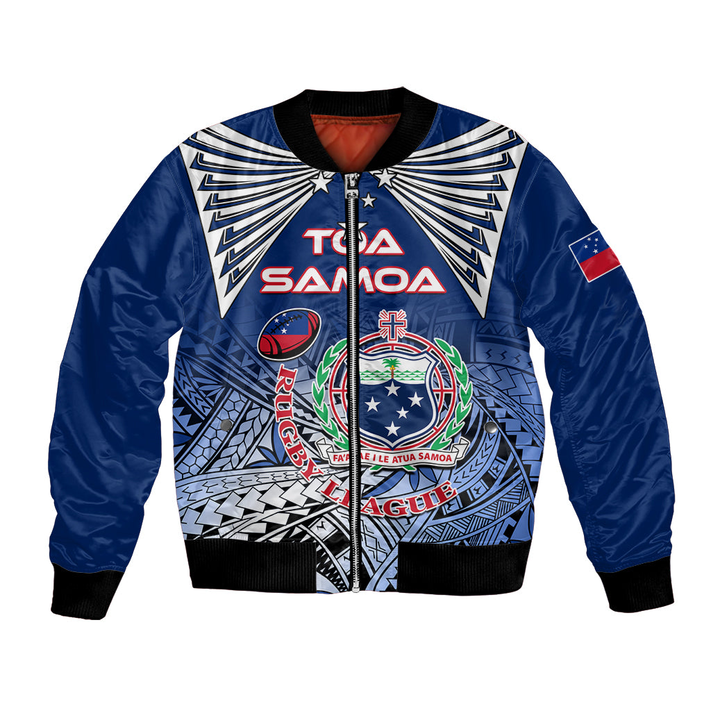 Custom Samoa Rugby Bomber Jacket Toa Samoa Myriad Patterns LT01 Unisex Blue - Polynesian Pride