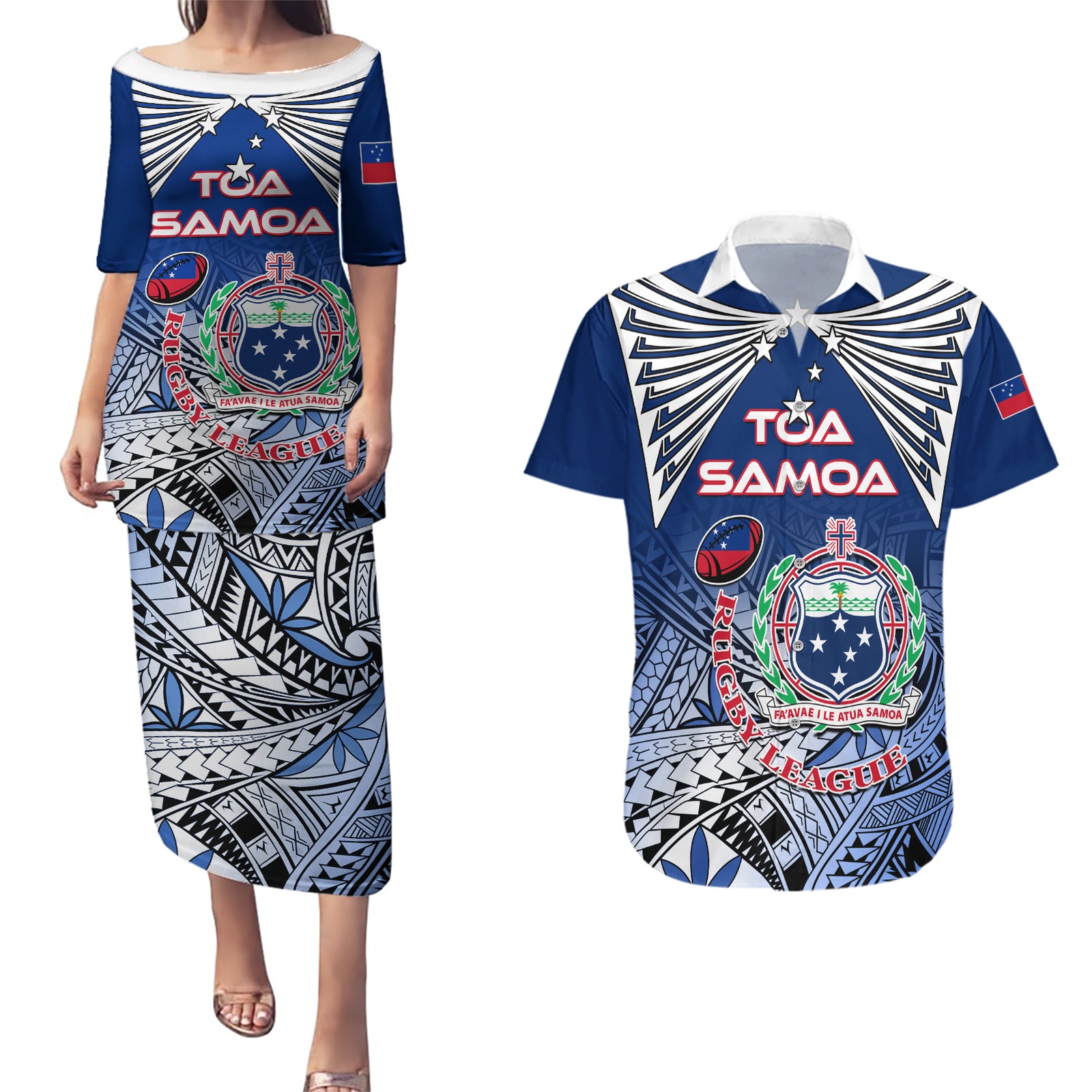 Custom Samoa Rugby Couples Matching Puletasi Dress and Hawaiian Shirt Toa Samoa Myriad Patterns LT01 Blue - Polynesian Pride