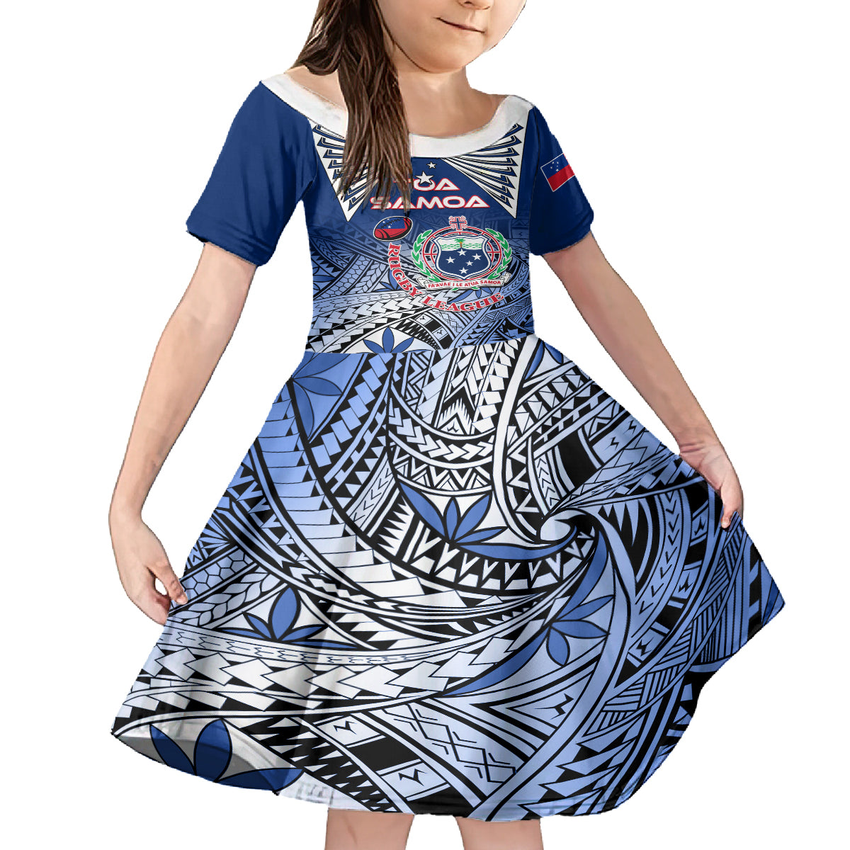 Custom Samoa Rugby Family Matching Off Shoulder Maxi Dress and Hawaiian Shirt Toa Samoa Myriad Patterns LT01 Daughter's Dress Blue - Polynesian Pride
