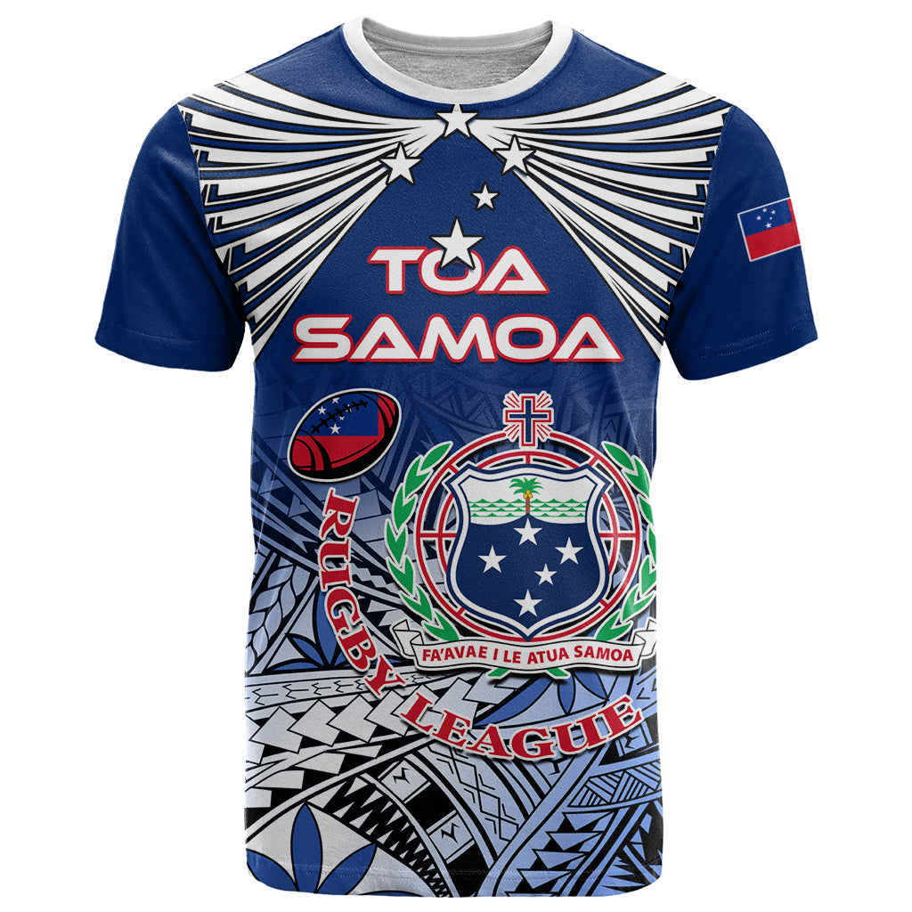 Custom Samoa Rugby T Shirt Toa Samoa Myriad Patterns LT01 Blue - Polynesian Pride