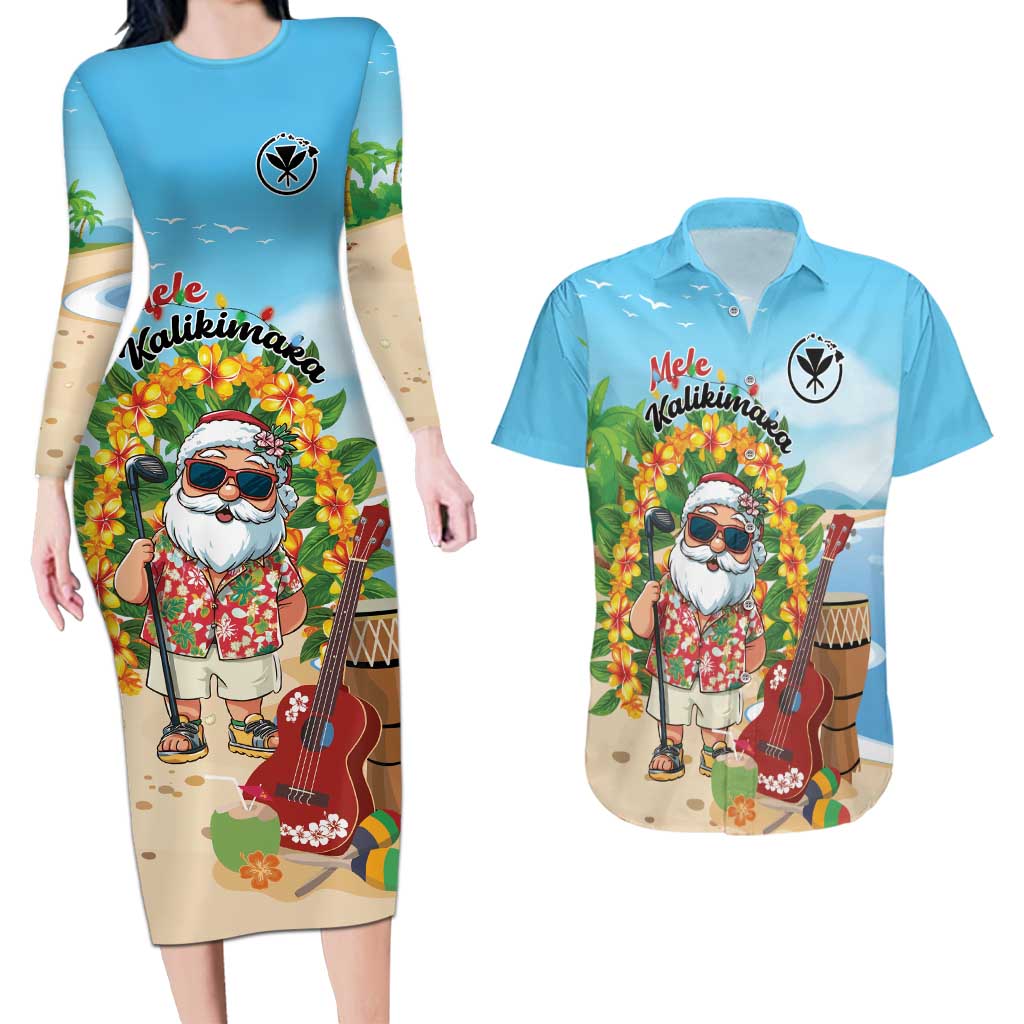 Personalized Hawaii Golf Christmas Couples Matching Long Sleeve Bodycon Dress and Hawaiian Shirt Mele Kalikimaka Funny Golfer Santa - Polynesian Pride