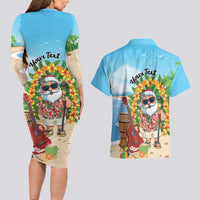 Personalized Hawaii Golf Christmas Couples Matching Long Sleeve Bodycon Dress and Hawaiian Shirt Mele Kalikimaka Funny Golfer Santa - Polynesian Pride