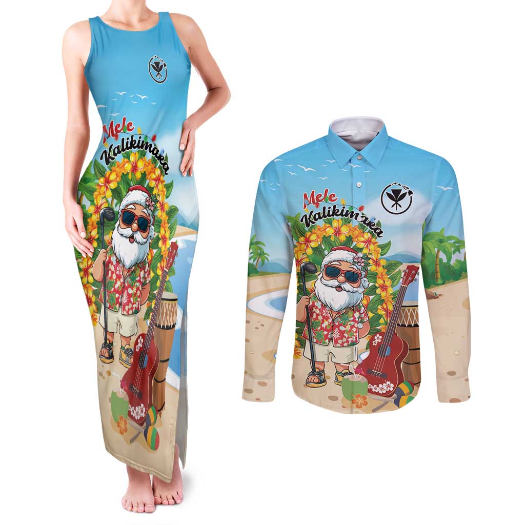 Personalized Hawaii Golf Christmas Couples Matching Tank Maxi Dress and Long Sleeve Button Shirt Mele Kalikimaka Funny Golfer Santa - Polynesian Pride
