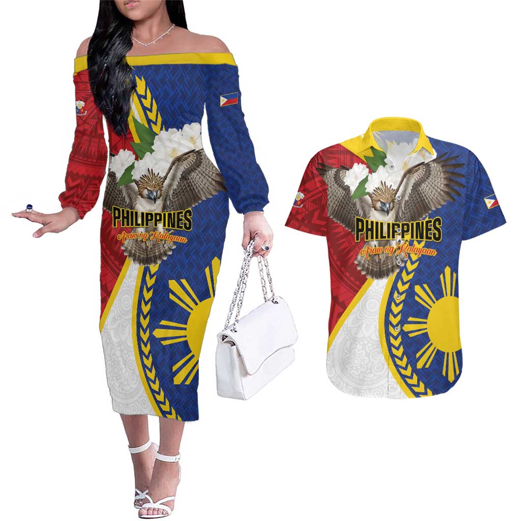 Personalized Philippines Couples Matching Off The Shoulder Long Sleeve Dress and Hawaiian Shirt Filipino Araw ng Kalayaan