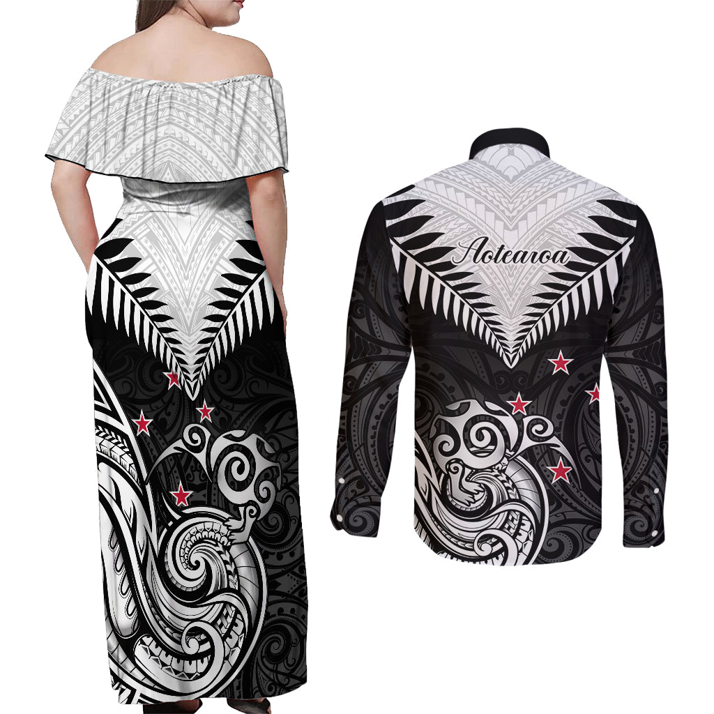New Zealand Couples Matching Off Shoulder Maxi Dress and Long Sleeve Button Shirts Aotearoa Maori Kiwi Black Fern LT01 - Polynesian Pride