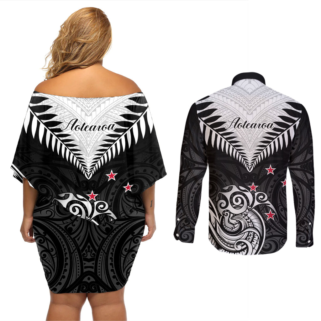 New Zealand Couples Matching Off Shoulder Short Dress and Long Sleeve Button Shirts Aotearoa Maori Kiwi Black Fern LT01 - Polynesian Pride