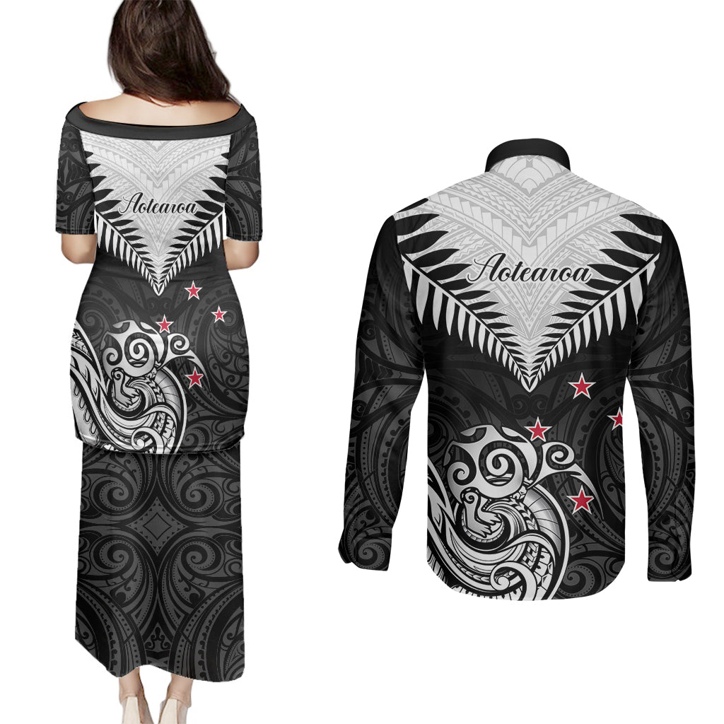 New Zealand Couples Matching Puletasi Dress and Long Sleeve Button Shirts Aotearoa Maori Kiwi Black Fern LT01 - Polynesian Pride
