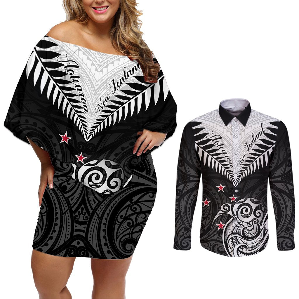 Personalised New Zealand Couples Matching Off Shoulder Short Dress and Long Sleeve Button Shirts Aotearoa Maori Kiwi Black Fern LT01 Black - Polynesian Pride