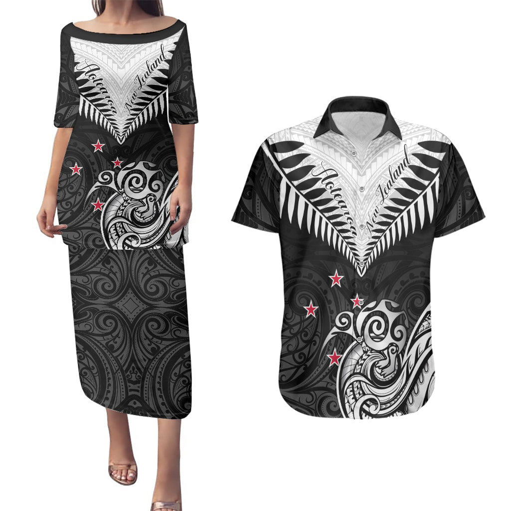 Personalised New Zealand Couples Matching Puletasi Dress and Hawaiian Shirt Aotearoa Maori Kiwi Black Fern LT01 Black - Polynesian Pride