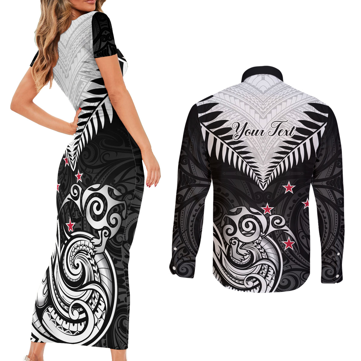Personalised New Zealand Couples Matching Short Sleeve Bodycon Dress and Long Sleeve Button Shirts Aotearoa Maori Kiwi Black Fern LT01 - Polynesian Pride