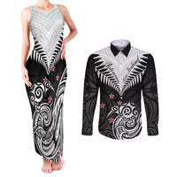 Personalised New Zealand Couples Matching Tank Maxi Dress and Long Sleeve Button Shirts Aotearoa Maori Kiwi Black Fern LT01 Black - Polynesian Pride