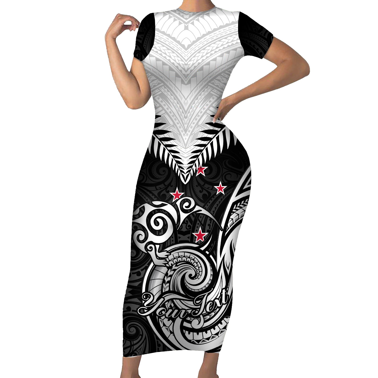 Personalised New Zealand Short Sleeve Bodycon Dress Aotearoa Maori Kiwi Black Fern LT01 Long Dress Black - Polynesian Pride