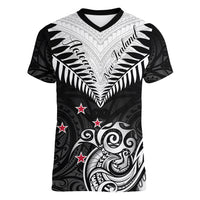 Personalised New Zealand Women V Neck T Shirt Aotearoa Maori Kiwi Black Fern LT01 Female Black - Polynesian Pride