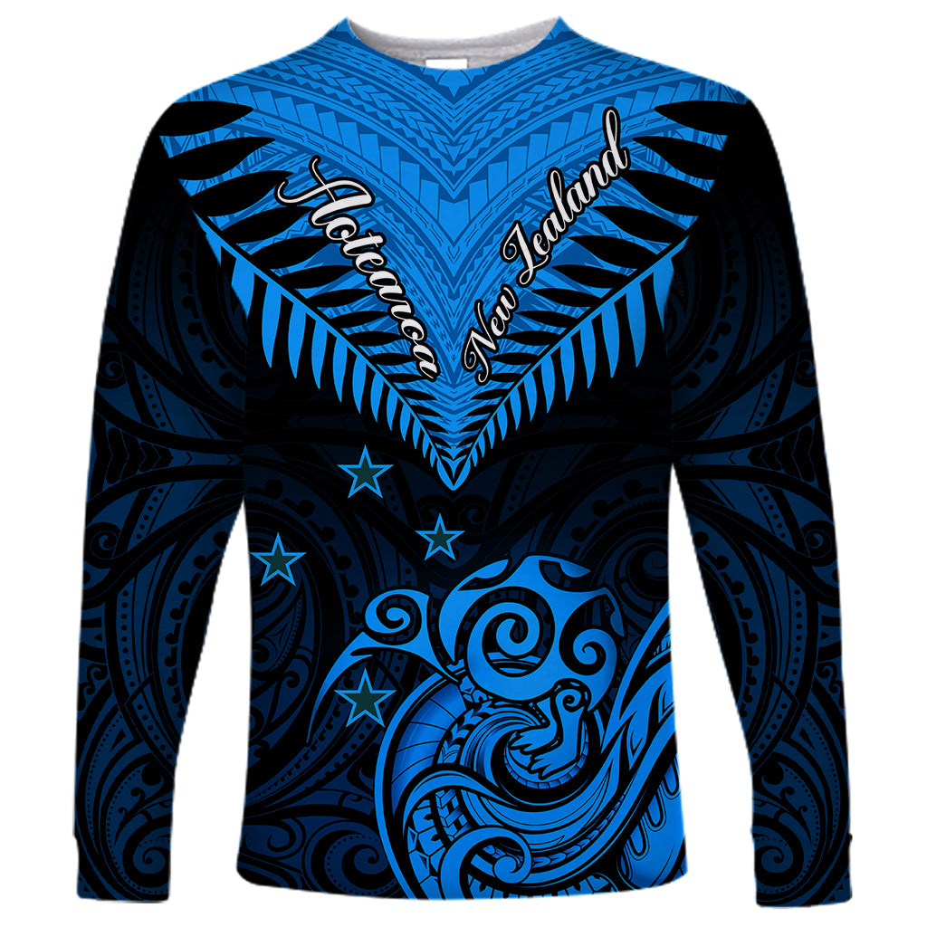Personalised New Zealand Long Sleeve Shirt Aotearoa Blue Maori Kiwi Blue Fern LT01 Unisex Blue - Polynesian Pride