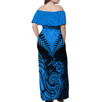 Personalised New Zealand Off Shoulder Maxi Dress Aotearoa Blue Maori Kiwi Blue Fern LT01 - Polynesian Pride