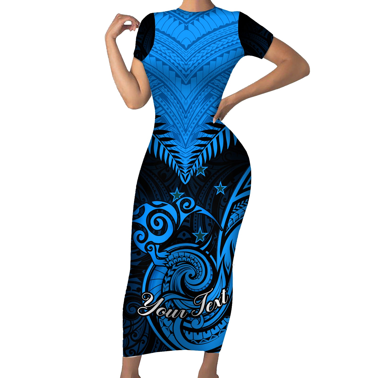 Personalised New Zealand Short Sleeve Bodycon Dress Aotearoa Blue Maori Kiwi Blue Fern LT01 Long Dress Blue - Polynesian Pride