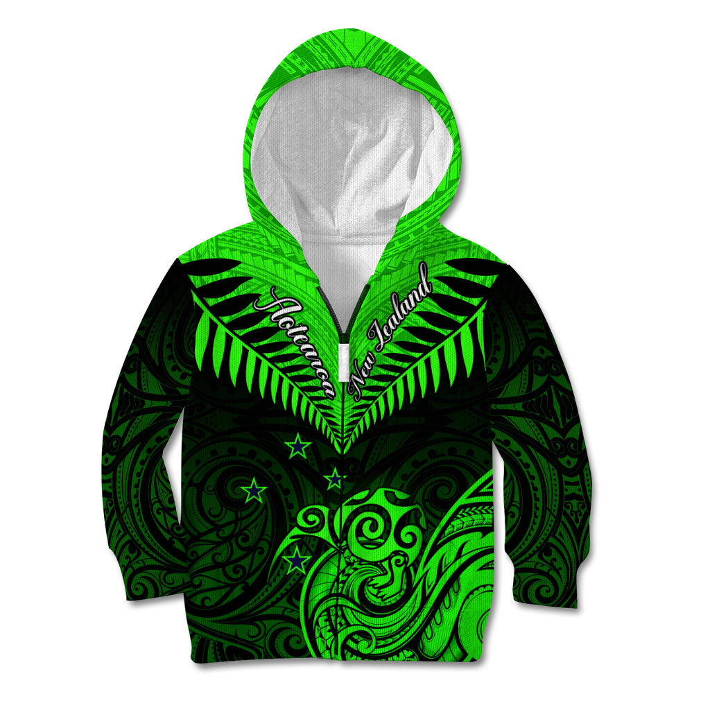 Personalised New Zealand Kid Hoodie Aotearoa Maori Kiwi Green Fern LT01 Zip Hoodie Green - Polynesian Pride