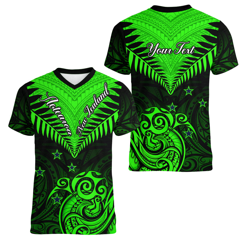 Personalised New Zealand Women V Neck T Shirt Aotearoa Maori Kiwi Green Fern LT01 - Polynesian Pride