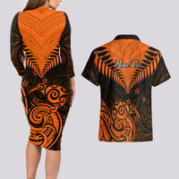 Personalised New Zealand Couples Matching Long Sleeve Bodycon Dress and Hawaiian Shirt Aotearoa Maori Kiwi Orange Fern LT01 - Polynesian Pride