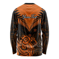 Personalised New Zealand Long Sleeve Shirt Aotearoa Maori Kiwi Orange Fern LT01