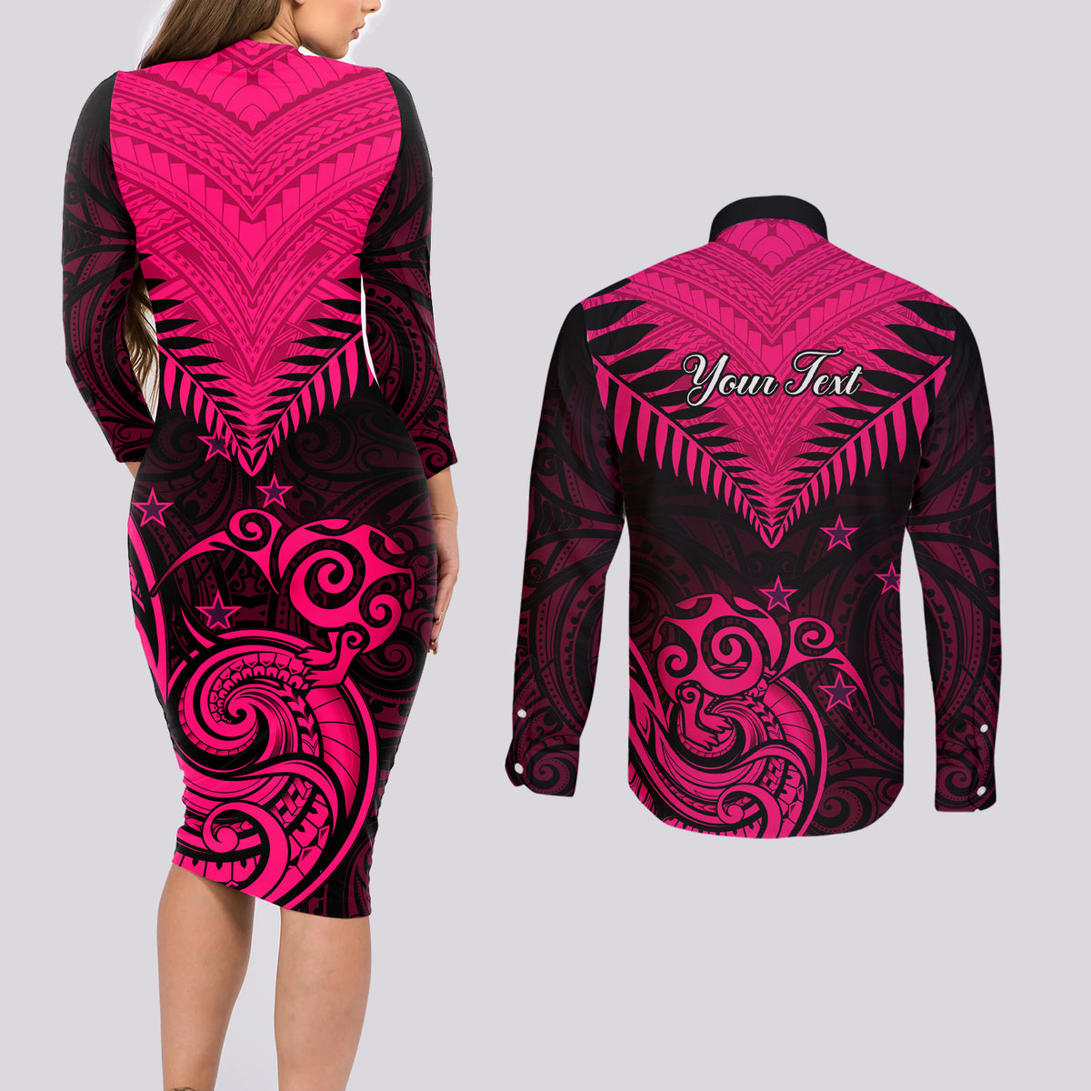 Personalised Aotearoa Couples Matching Long Sleeve Bodycon Dress and Long Sleeve Button Shirts Maori Kiwi Pink Fern LT01 - Polynesian Pride