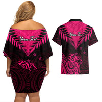Personalised Aotearoa Couples Matching Off Shoulder Short Dress and Hawaiian Shirt Maori Kiwi Pink Fern LT01 - Polynesian Pride