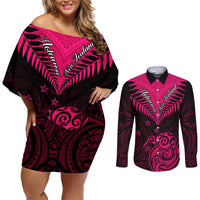 Personalised Aotearoa Couples Matching Off Shoulder Short Dress and Long Sleeve Button Shirts Maori Kiwi Pink Fern LT01 Pink - Polynesian Pride