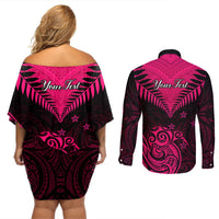 Personalised Aotearoa Couples Matching Off Shoulder Short Dress and Long Sleeve Button Shirts Maori Kiwi Pink Fern LT01 - Polynesian Pride