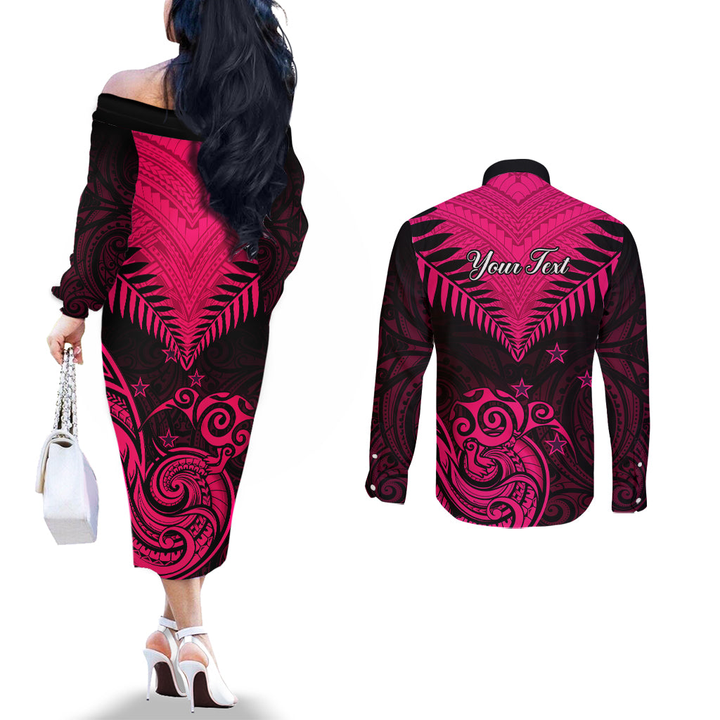 Personalised Aotearoa Couples Matching Off The Shoulder Long Sleeve Dress and Long Sleeve Button Shirts Maori Kiwi Pink Fern LT01 - Polynesian Pride