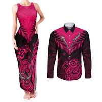 Personalised Aotearoa Couples Matching Tank Maxi Dress and Long Sleeve Button Shirts Maori Kiwi Pink Fern LT01 Pink - Polynesian Pride
